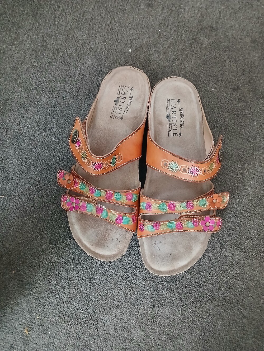 L'ATISTE Tan Leather Slide Sandals with Pink, Green & Turquoise Floral Accents